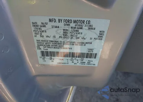 2007 Ford F-150 Fx4/Stx/Xl/Xlt z USA, uszkodzony, nr VIN 1FTRX14W27FB66793